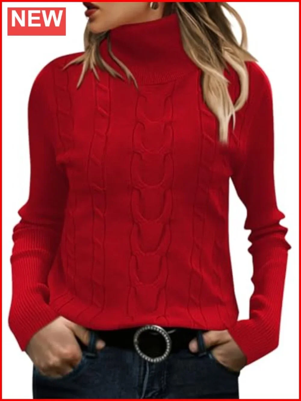 Turtleneck Cable Knit Sweater Long Sleeve Ribbed Slim Fit Pullover